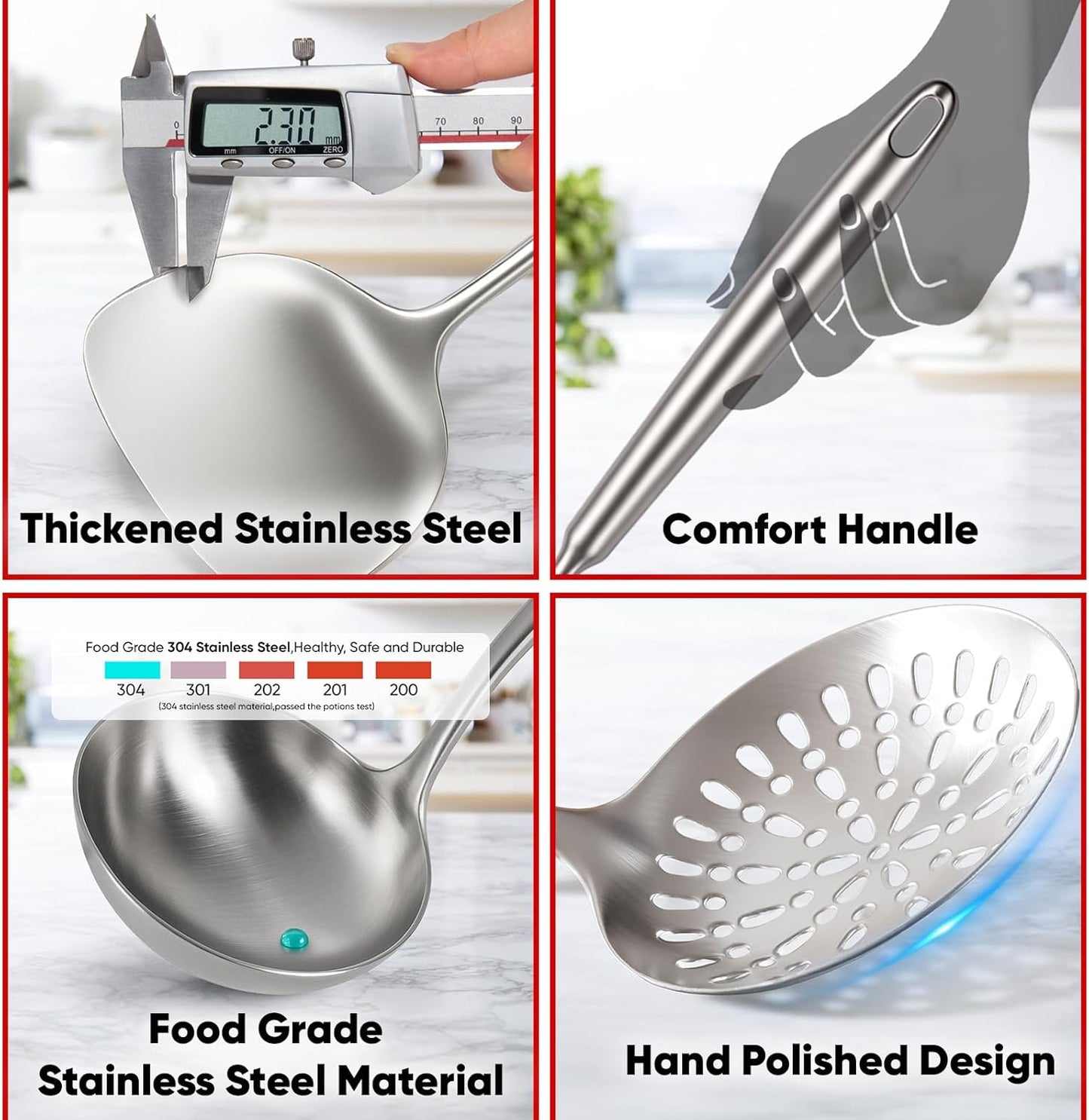 Newness 9 Pcs Cooking Utensils Set, 304 Stainless Steel Kitchen Utensils Set, Metal Kitchen Accessories, Include Soup Ladle, Slotted Skimmer Spoon, Spaghetti Spoon and Spatula, Dishwasher Safe