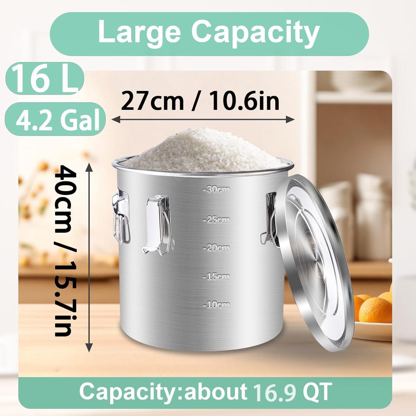 304 Stainless Steel Airtight Canister, 25lb Rice Storage Container 16L/4.2 Gal Metal Cereal Bucket Storage with Lids and 4 Locking Clamp for Bean Flour Oil Sugar Milk Coffee Canister