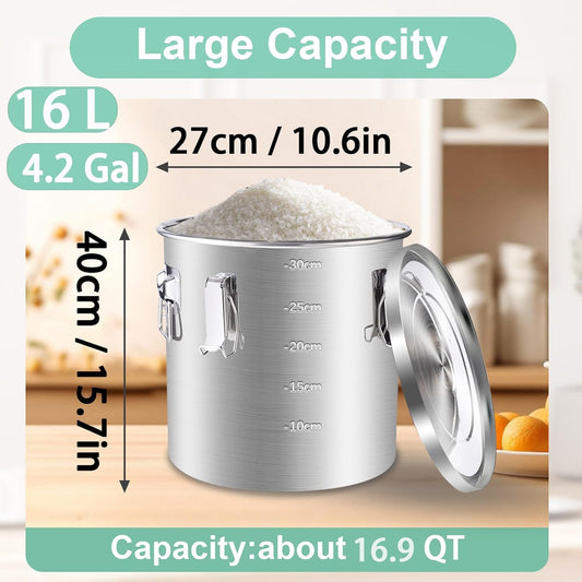 304 Stainless Steel Airtight Canister, 25lb Rice Storage Container 16L/4.2 Gal Metal Cereal Bucket Storage with Lids and 4 Locking Clamp for Bean Flour Oil Sugar Milk Coffee Canister