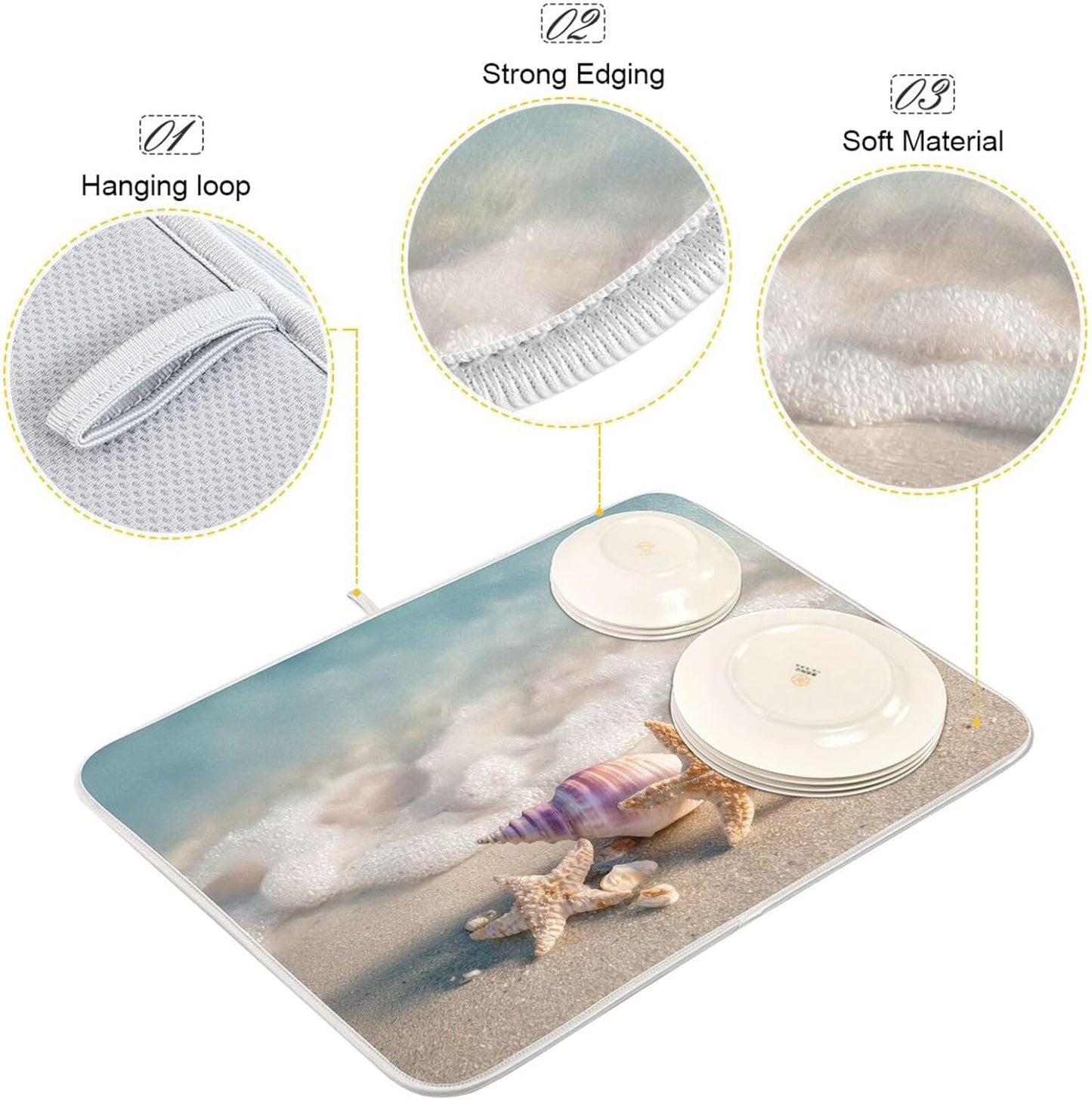 Beach Sand Seashells Starfish Dish Drying Mat for Kitchen Counter Super Absorbent Dishes Pad Reversible Microfiber Protector Dish Draining Mats 16x18 inch
