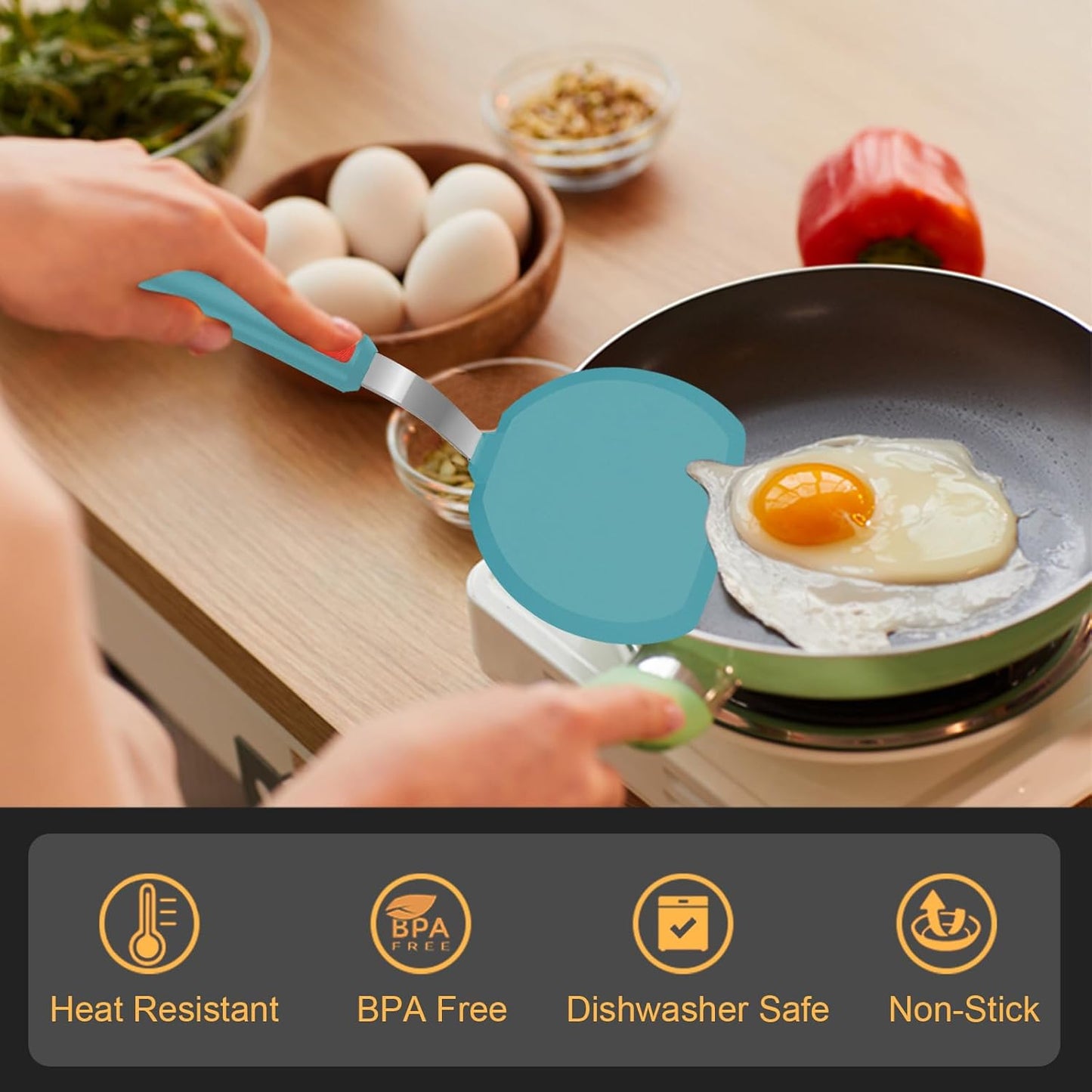 Beijiyi Silicone Spatula Turner Set of 3, 600°F Heat Resistant Nonstick Turner Spatulas for Kitchen Use, Large Flexible Silicone Cooking Utensils Rubber Spatula Set for Egg, Pancake, Fish (Blue)