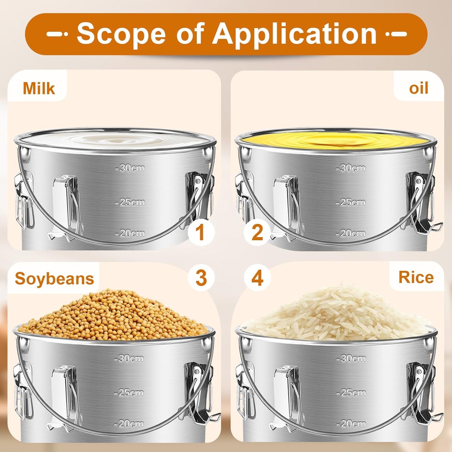 304 Stainless Steel Airtight Canister, 38 lbs Large Capacity Food Storage Containers with Lids and 4 Locking Clamp for Bean Flour Oil Sugar Milk Rice Container (Handheld) 21L/5.5 Gal