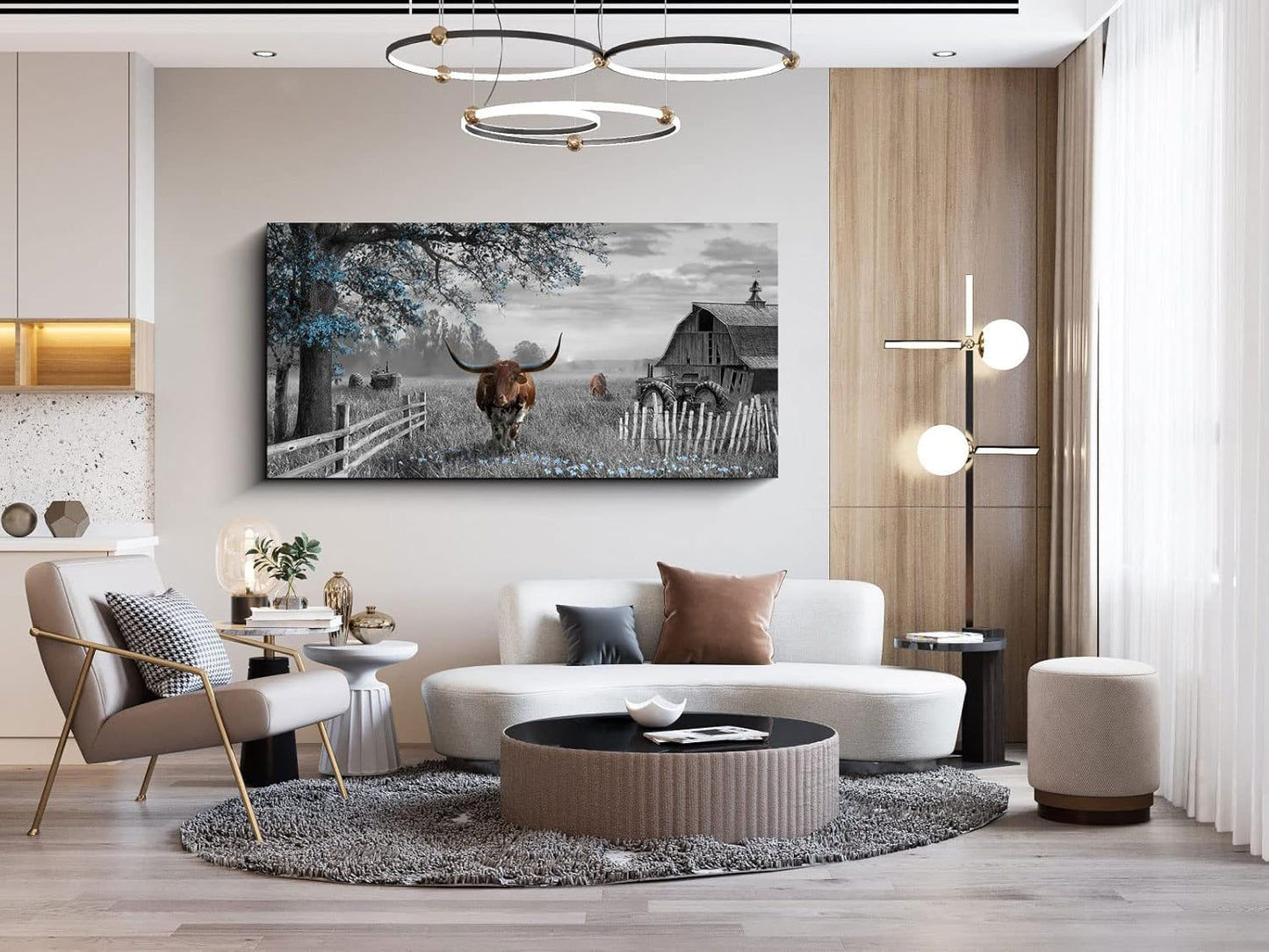 yiijeah Large Country Brown Cow Blue Tree Pictures Farmhouse for Living Room Rustic Wall Decor for Master Bedroom Wall Decor Above Bed Wall Art