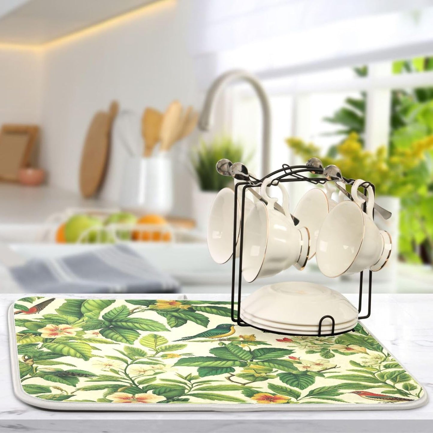 Green Leaf Bird Flower Dish Drying Mat for Kitchen Counter Super Absorbent Dishes Pad Reversible Microfiber Protector Dish Draining Mats 18x24 inch