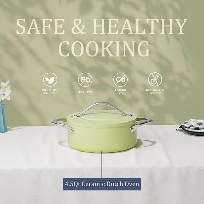 Stock Pot 4.5qt Ceramic Dutch Oven with Lid (9.5") Nonstick Ceramic Coated Non-Toxic PFAS-Free Even Heat Distribution for Braising, Baking Bread & Soups, Compatible for All Cooktops(Induction/Gas/Electric) Oven Safe to 500°F, Olive Green