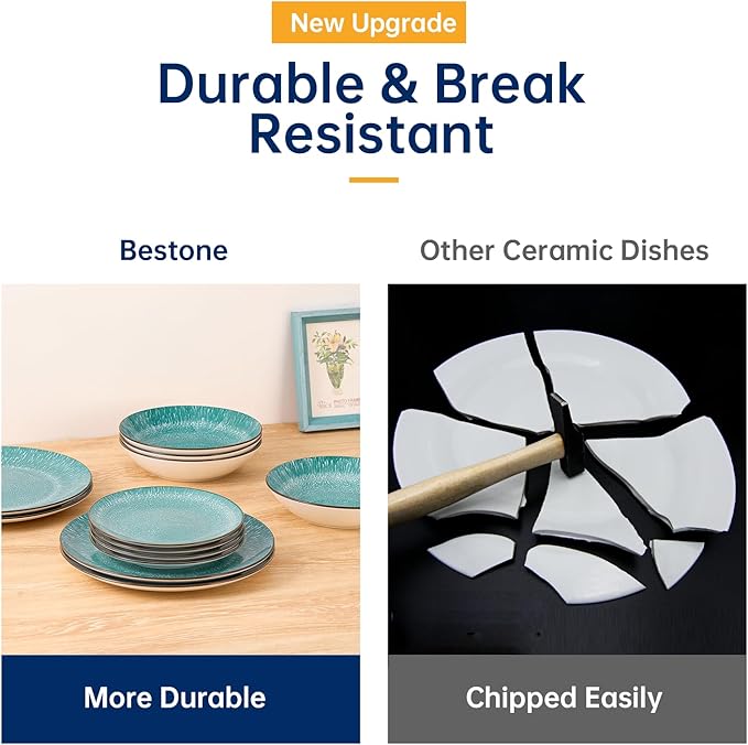 Bestone Plates and Bowls Sets,12 Pieces Round Porcelain Dinnerware Sets,Dishes, Plates, Dishware Sets,Chip Resistant Ceramic Dish Set Dining Dinner Ware Service for 4,New green