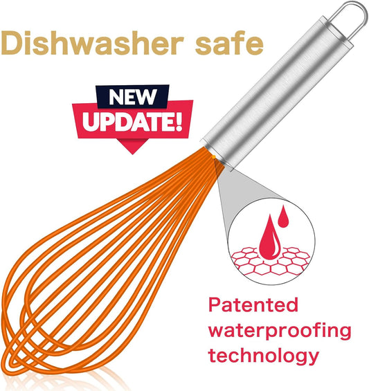 Orange Silicone Whisk, Professional Whisks For Cooking Non-Scratch, Stainless Steel & Silicone Wisk, Plastic Rubber Whisk Tool For Nonstick Cookware Pans, BPA free, Silicon Wisks Set of 3