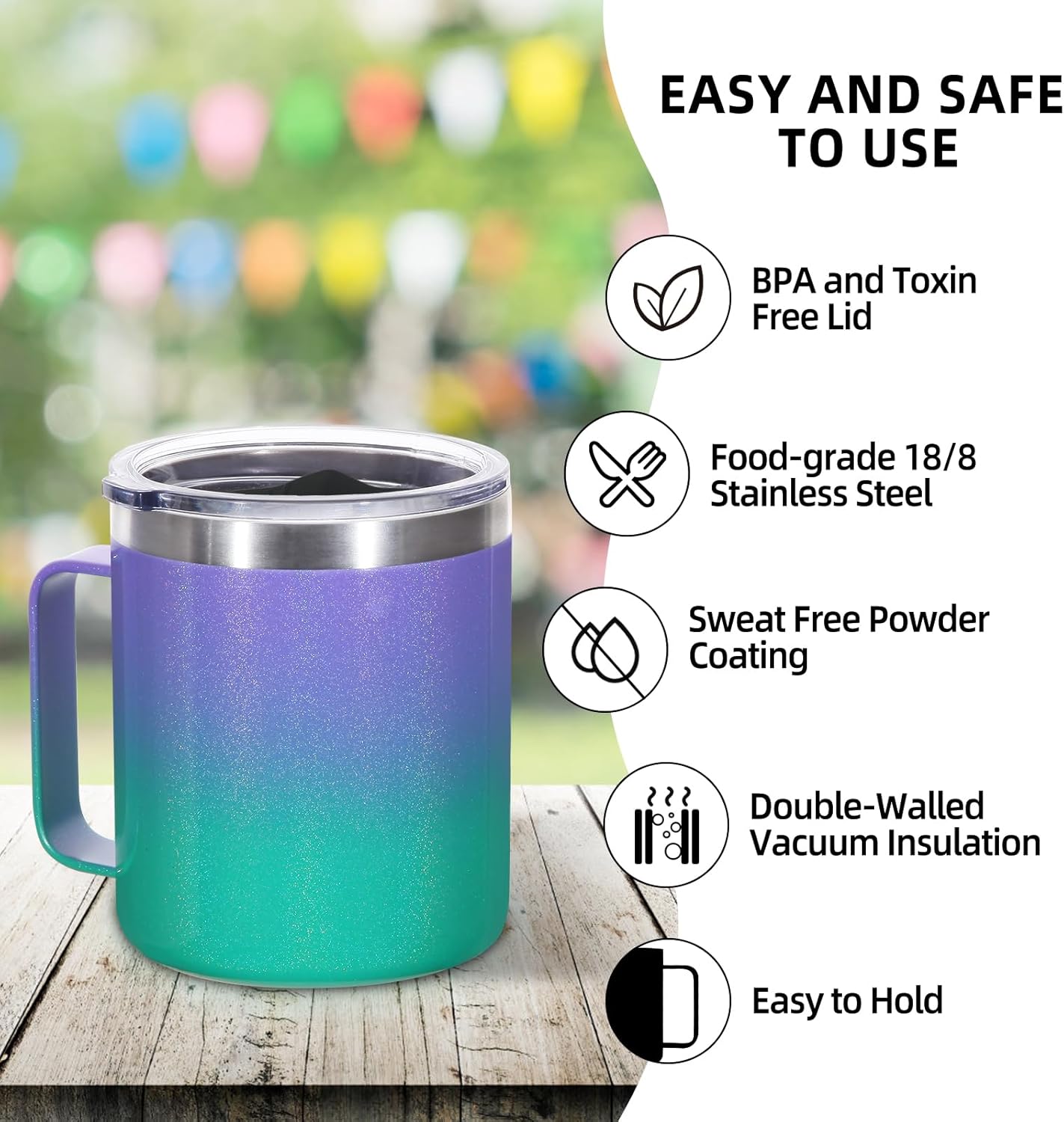 Volhoply 14oz Insulated Stainless Steel Coffee Mug with Lid Bulk 2 Pack,Double Wall Vacuum Travel Coffee Cup with Handle,Reusable Cups Tumbler,Camping Mugs Keep Hot,Ideal Gifts(Purple Green,2)