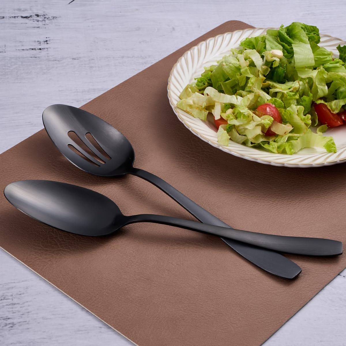 6 Pieces Large Serving Set - 3 Spoons & 3 Slotted Spoons - 10.6 Inch Matte Black Stainless Steel Utensils - Dishwasher Safe for Kitchen, Buffet, Party, Restaurant