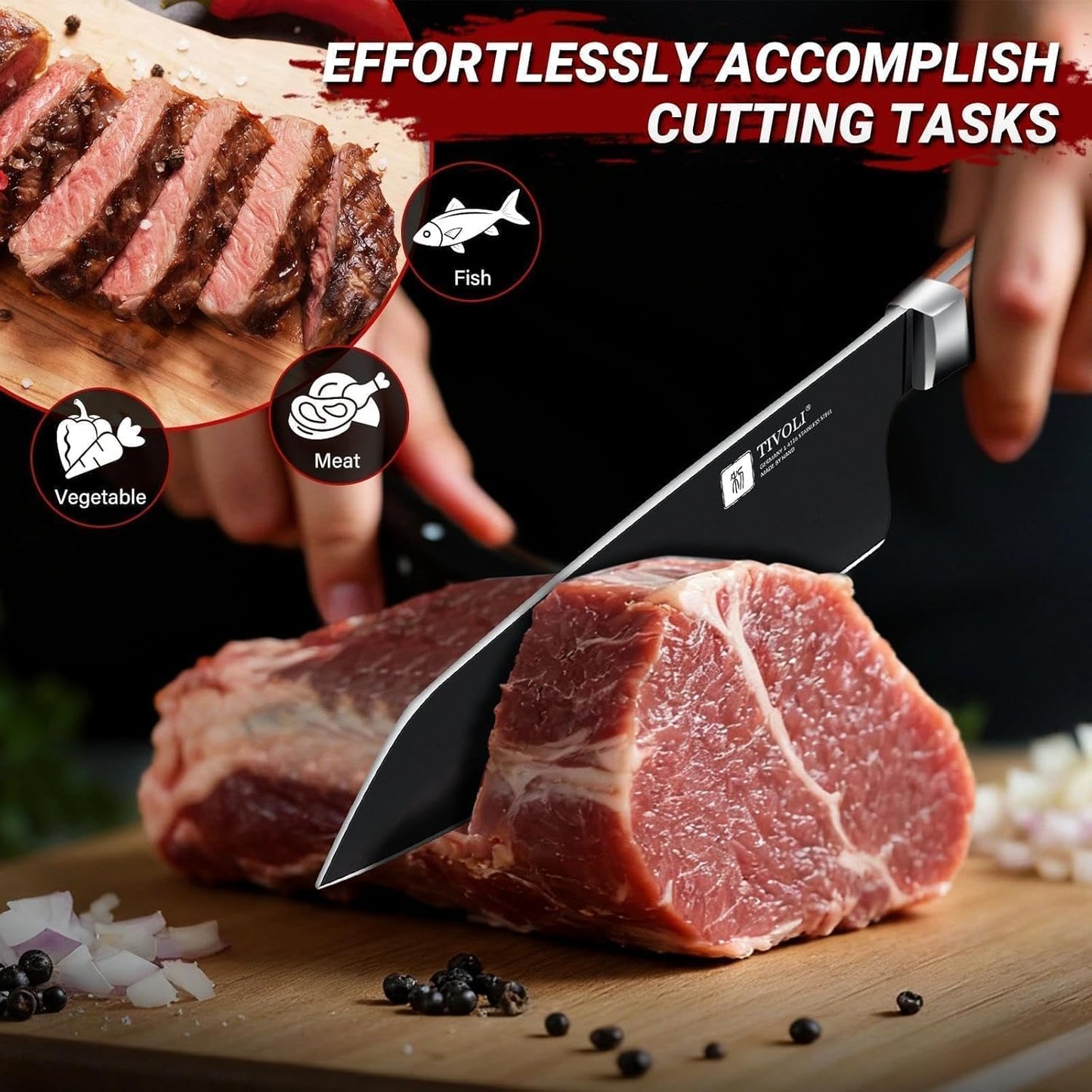 TIVOLI Chef Knife, 8 Inch Professional Cooking Knife, High Carbon Steel Ultra Sharp Deep Cutting Knife with Full Tang Ergonomic Wood Handle, Gift for Men Women Christmas