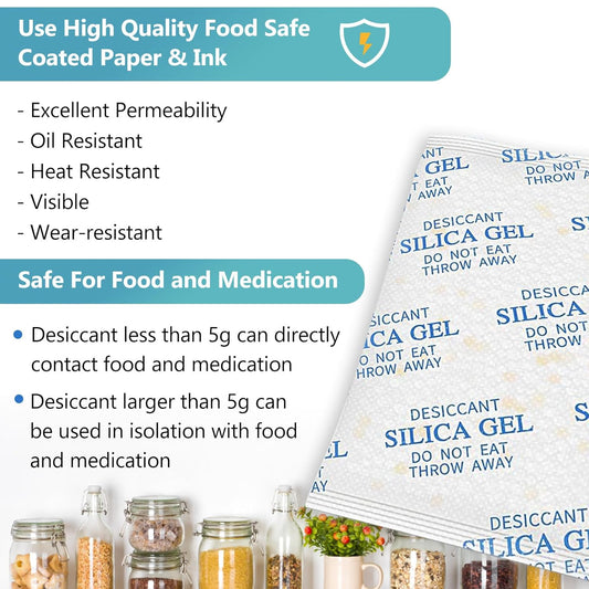 5 Gram (150 Pack) Color-Indicating Silica Gel Packets, Premium Food Grade Desiccant - Rechargeable Moisture Absorbers for Food Storage, Electronics, 3D Filament & Safes