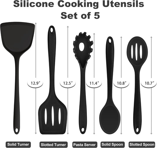 TeamFar Silicone Cooking Utensils Set of 5, Kitchen Utensils Solid & Slotted Spoons Turners Pasta Server for Nonstick Cookware, Healthy & Heat-Resistant, Seamless & Non-Scratch, Dishwasher Safe, Black