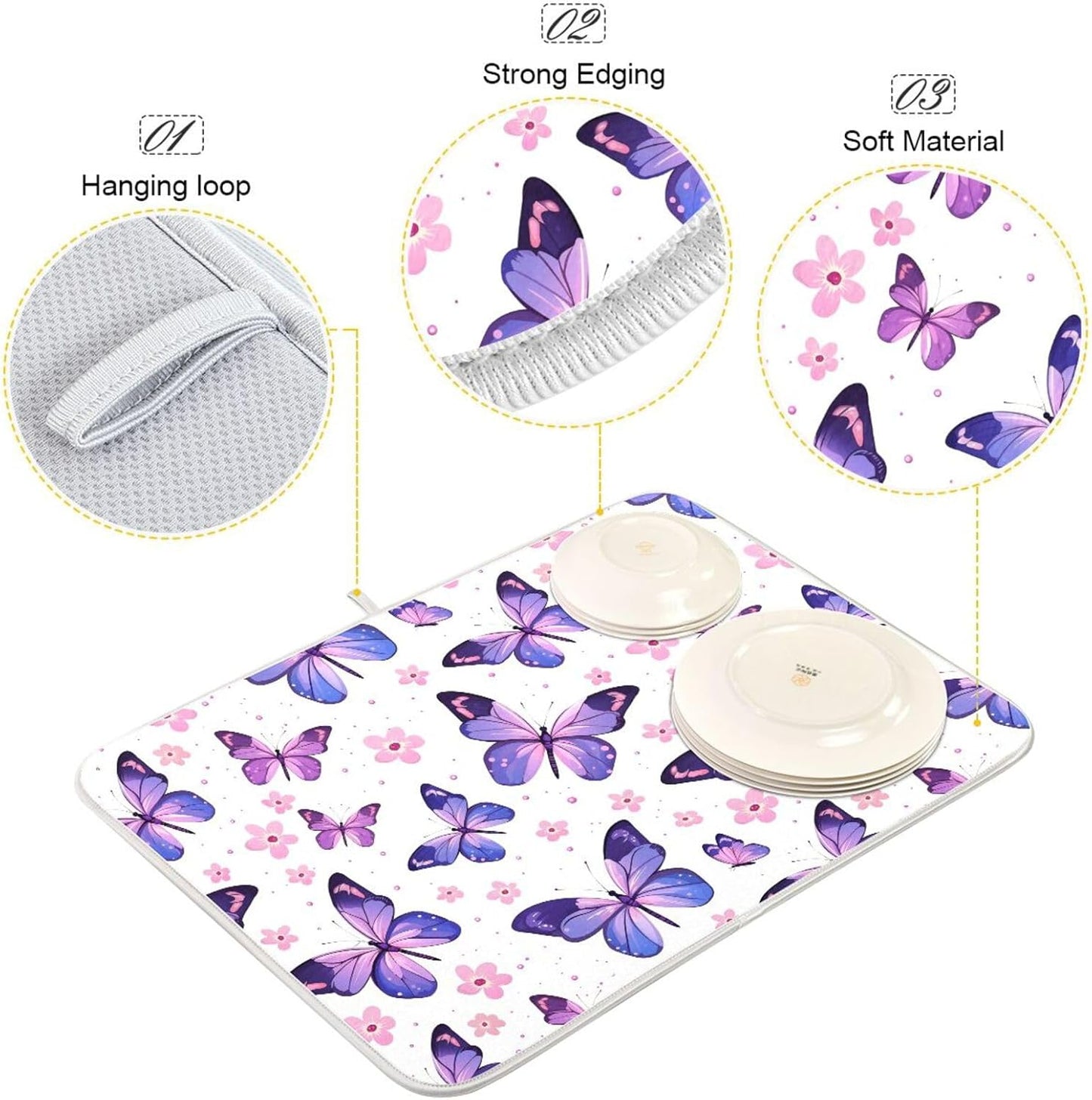 Pink Purple Butterfly Flower Dish Drying Mat for Kitchen Counter Absorbent Dish Drainer Mats Drying Pads 16"x18"