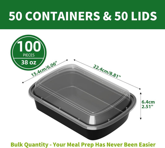Meal Prep Containers, 50 Pack 38oz (100-Piece) Disposable Take Out Food Storage Containers with Leakproof Lids, Large Plastic To Go Lunch Boxes, BPA Free, Microwave/Dishwasher/Freezer Safe