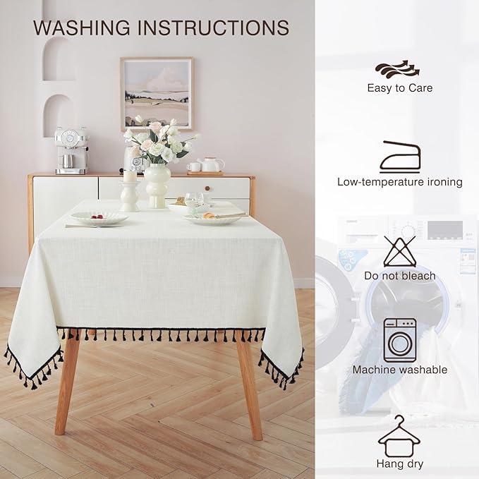 JIALE Textured Tablecloth, Heavy Duty Linen Style Table Cloth Rectangle Tables, Wrinkle-Free Washable Table Cover with Black Tassels for Kitchen, Dining, Parties, 55"x90", White