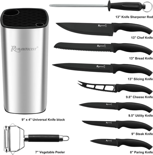 ROMANTICIST Kitchen Knife Sets, 10PCS High Carbon Stainless Steel Knife Sets with Block, Black Knife Block Set, Knives Set for Kitchen with Anti-slip Handle, Exquisite Knives Set New Home Essentials