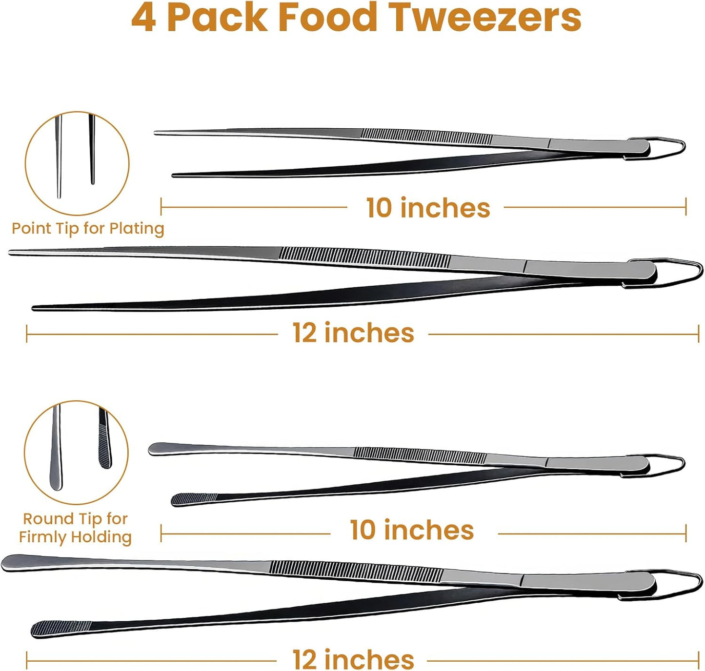 GEEKHOM 4 Pcs Kitchen Tweezer Tongs Set, 12 & 10 Inch Black Stainless Steel, Long & Short Food Tweezers for All-Purpose Cooking & BBQ