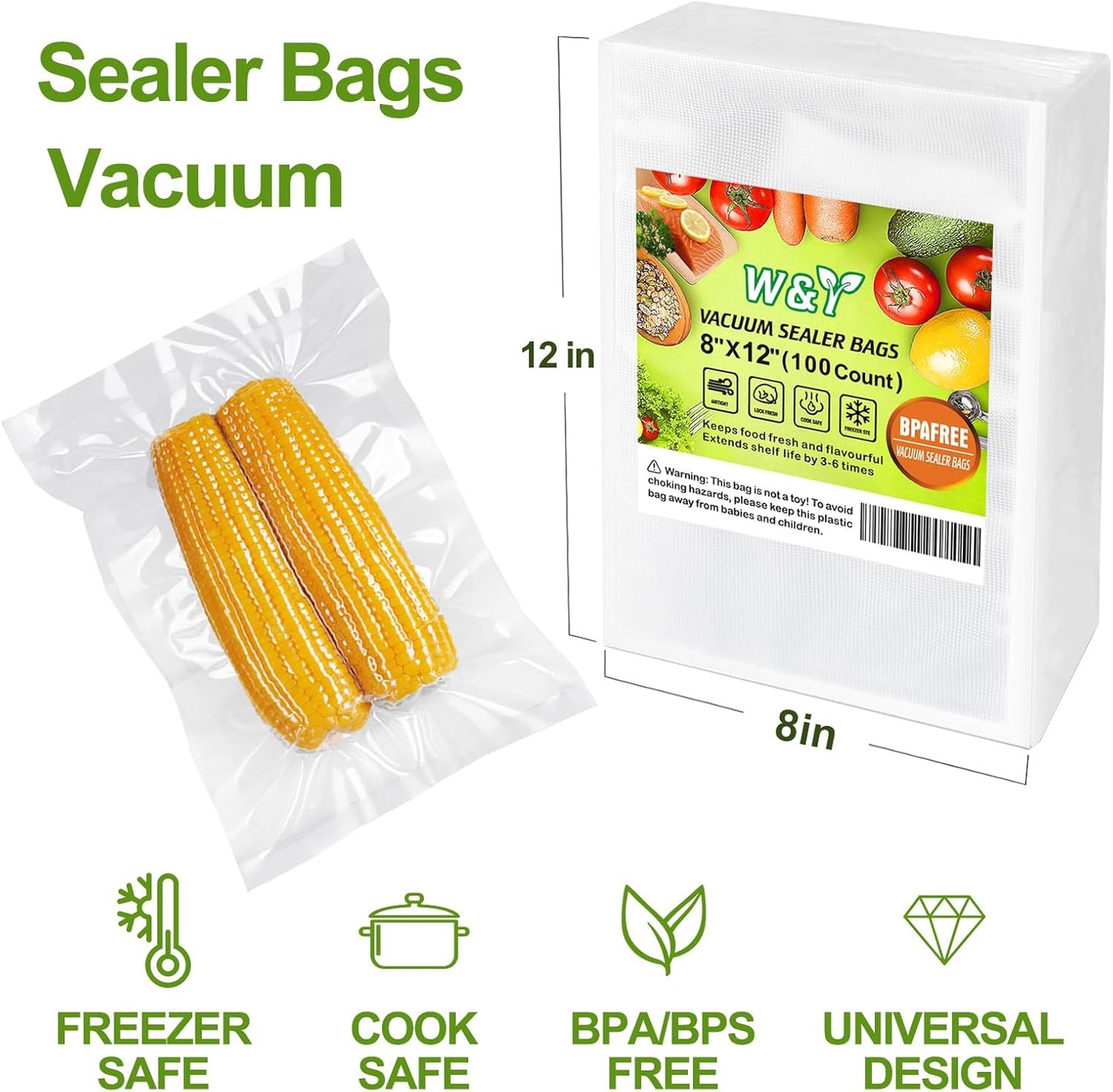 W&Y 100 Single-Ply Vacuum Sealer Bags (8"x12" Quart) – Pre-Separated, Commercial Grade, BPA Free for Food Storage, Sous Vide & Meal Prep – 1 Pack (100 Count)