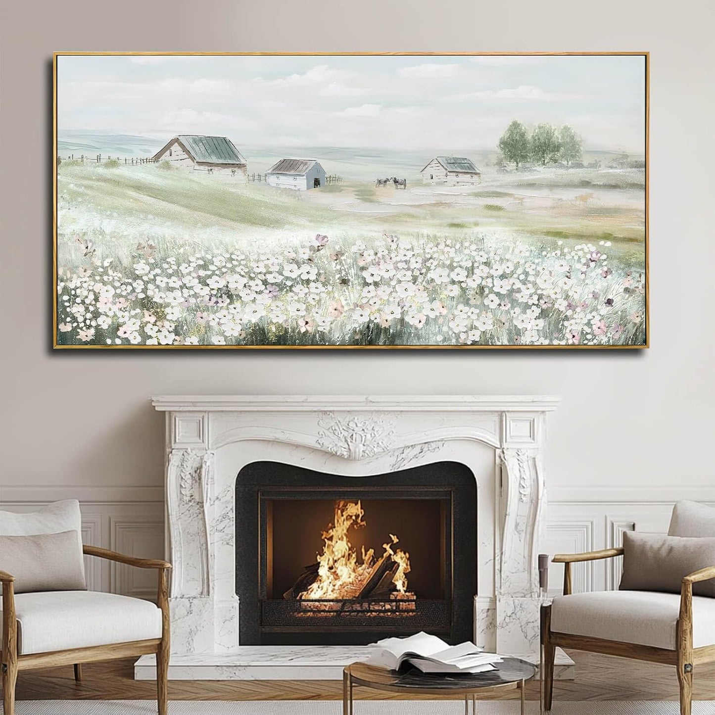 Farmhouse Framed Wall Art Landscape Wall Decor Green Wall Print 36"x70" Bedroom Artwork for Wall Over Bed Office Pictures