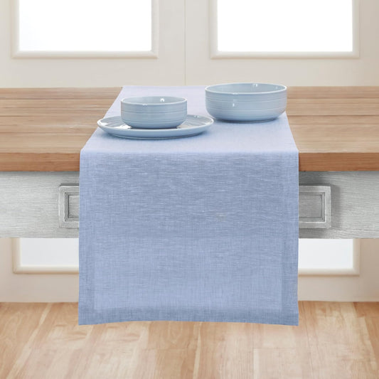 Solino Home Linen Chambray Blue Table Runner 132 Inches Long - Athena, 100% Pure Linen Dining Table Runner 14 x 132 Inch for Christmas