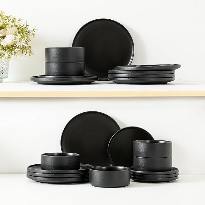 6 Piece Ceramic Dinnerware Set for 2, Modern Minimalist Stoneware Dinner Plates and Bowls, Microwave Safe, Dishwasher Safe, Versatile for All Seasons, Matte Black