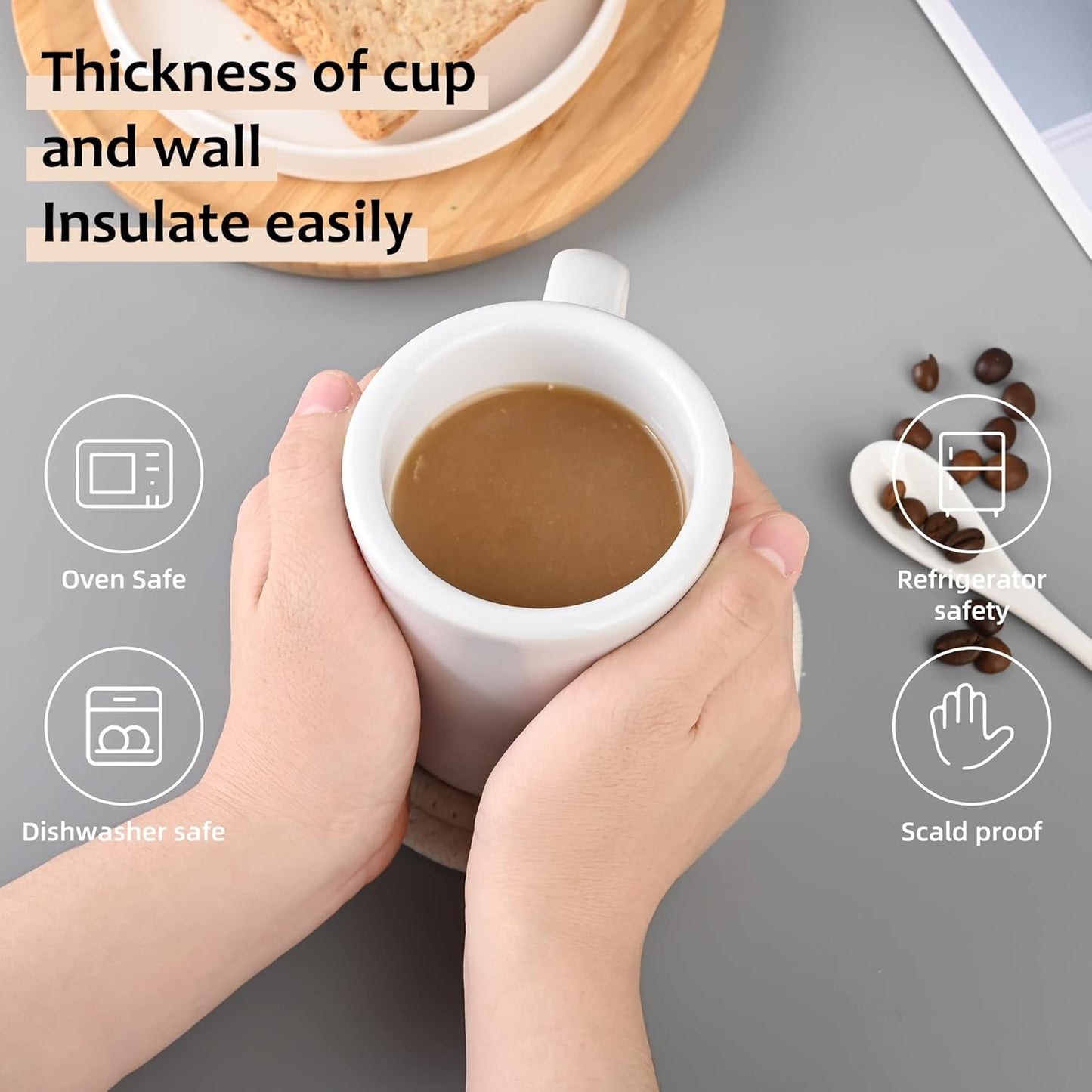 11oz Ceramic Diner Coffee Mug set Stoneware Coffee Cups Set for Restaurant, Diner, Farmhouse, Coffee Shop, Home set of 4 with Coffee spoons and Woven coasters (white)