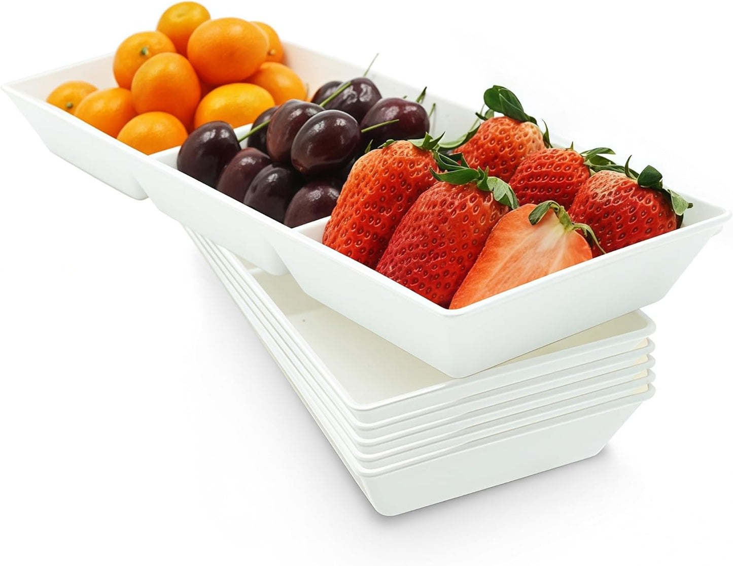 Divided Serving Tray Platter, 6 Pack 15" x 5" Fruit Veggie Food Tray for Party, Plastic Serving Trays for Appetizer, Snack, Dessert, Cookie, Brunch Decorations Platters, White Trays BPA-Free