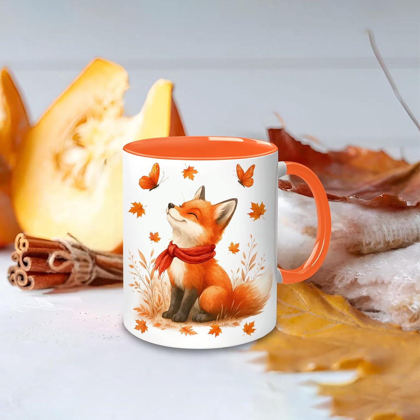 Hyturtle Fall Fox Coffee Mug And Keychain - Cute Fox Gift For Women - Autumn Animals For Lovers - Maple Leaf Animals Present For Her - Thanksgiving Decor - Coffee Cup Ceramic Mug 11 Oz