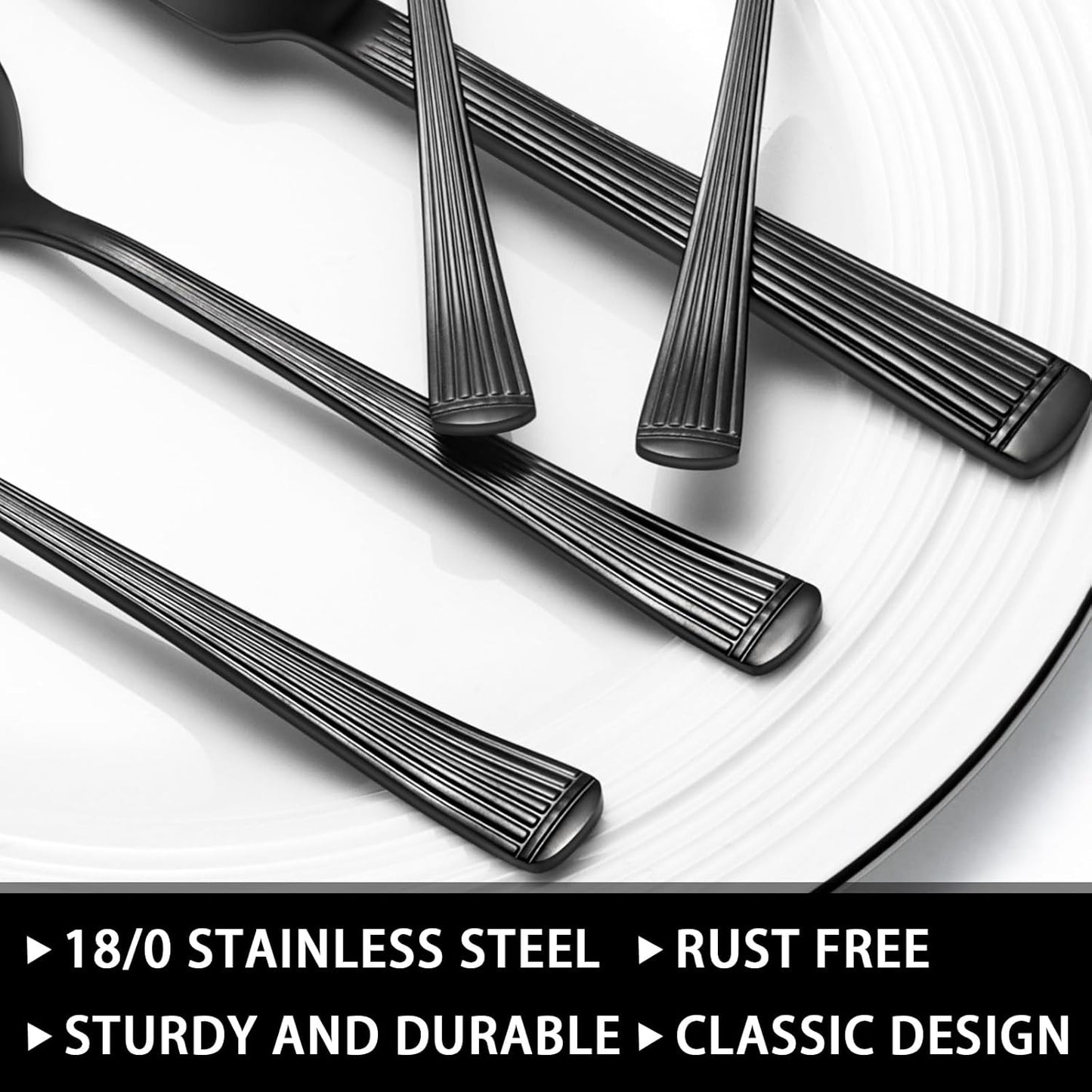 49-Piece Black Silverware Set with Organizer, Stainless Steel Roman Column Black Flatware for 8, Cutlery Utensil Sets with Steak Knives, Rust-proof, Mirror Polished, Dishwasher Safe