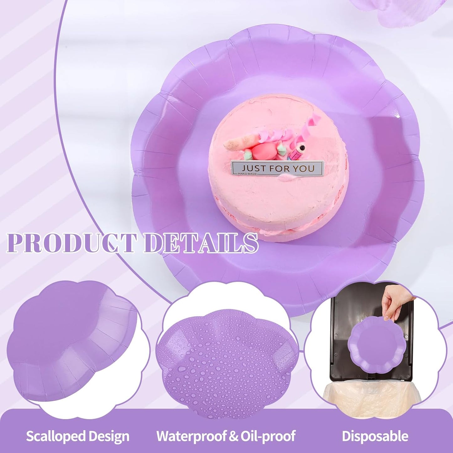 30pcs Purple Paper Plates, 7 in Scalloped Purple Dessert Cake Plates Cute Lavender Plate Disposable Party Plate for Weeding, Birthday, Baby Shower