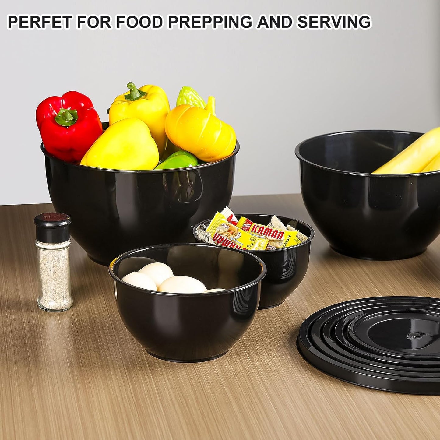 5-Piece Plastic Mixing Bowls with Lids Set for Kitchen, Nesting Bowls for Mixing, Baking, Prepping, Cooking and Serving Food, Black Mixing Bowls Dishwasher, Microwave Safe