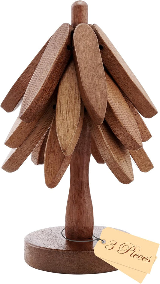 Walnut Tree-Shaped Placemats, Foldable Heat Resistant Anti-Stain Wood Trivet for Hot Dishes Pans, All-in-1 Set, 3PCS Easy-Cleaning Walnut Wood + Stand Coasters