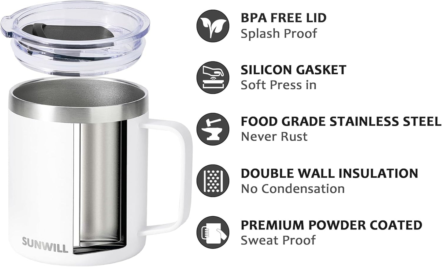 SUNWILL Insulated Coffee Mug with Lid, Travel Tumbler with Handle, 14 oz Stainless Steel Cup for Camping, Office, Home, Powder Coated White