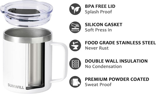 SUNWILL Insulated Coffee Mug with Lid, Travel Tumbler with Handle, 14 oz Stainless Steel Cup for Camping, Office, Home, Powder Coated White