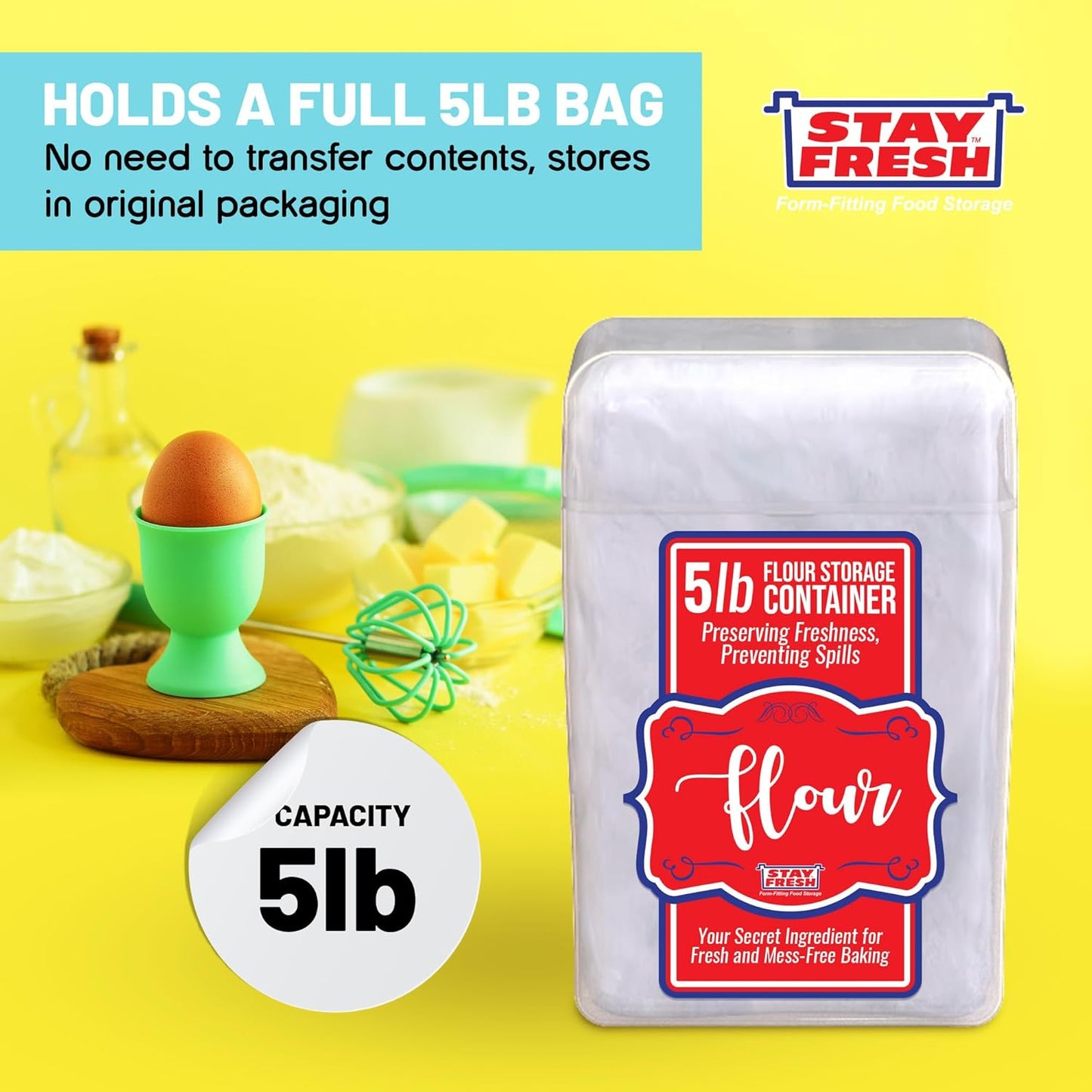 Stay Fresh Clear Flour Storage Container - Plastic Flour Canister for Kitchen Pantry, Baking Needs - Holds 5LB - Large Form - Fitting Food Keeper Bin