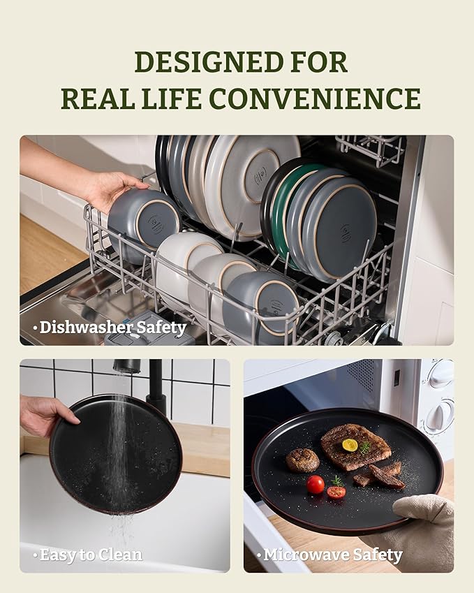 Famiware Mercury Dinnerware Sets with Pasta Bowls, Service for 6 (24 Pieces), Stoneware Plates and Bowls Sets, Microwave and Dishwasher Safe Dishes Set, Matte Black