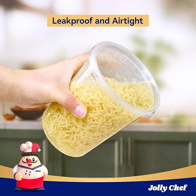 JOLLY CHEF Deli Food Storage Containers with Lids: [48 Sets 3 Sizes] 8 oz, 16 oz, 32 oz Plastic Soup Containers, BPA-free, leak-proof, Takeout Meal Prep Storage