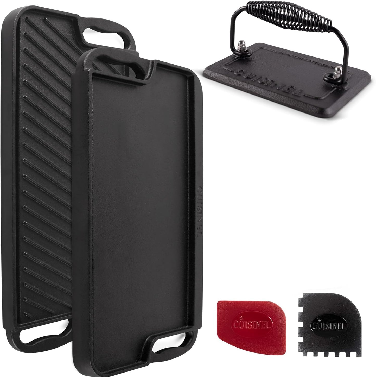 Cuisinel Cast Iron Griddle/Grill + Burger Press + Pan Scrapers - Reversible Pre-Seasoned 20" X 10" Dual Handle Flat Skillet + Griller Pan + Cleaning Accessories - Use Indoor/Outdoor Stove Burner, Gas