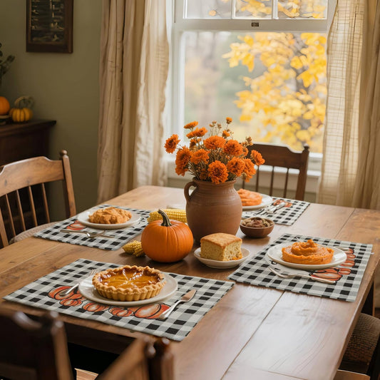 MANSPHIL Fall Gingham Placemats Set of 4 Thanksgiving Fabric Place Mats Autumn Harvest Table Decor - Farmhouse Table Mats for Dining Kitchen Washable Wrinkle Free 13x19 Inch Oeko Tex Placemat