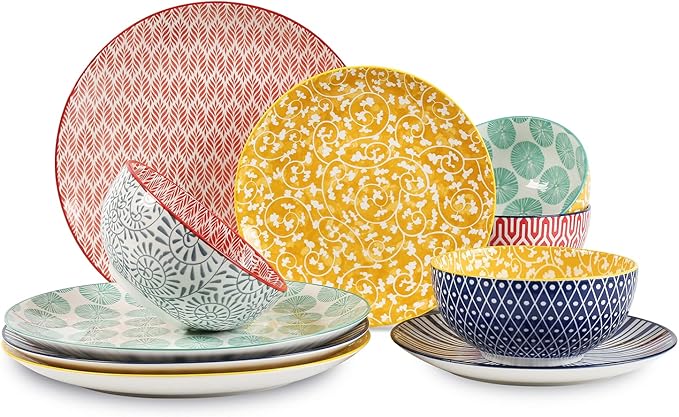 Selamica Ceramic Dinnerware Sets, 12-Pieces Plates and Bowls Sets, Scratch Resistant Dishes set for 4, Dishwasher & Microwave Safe, Assorted Colors