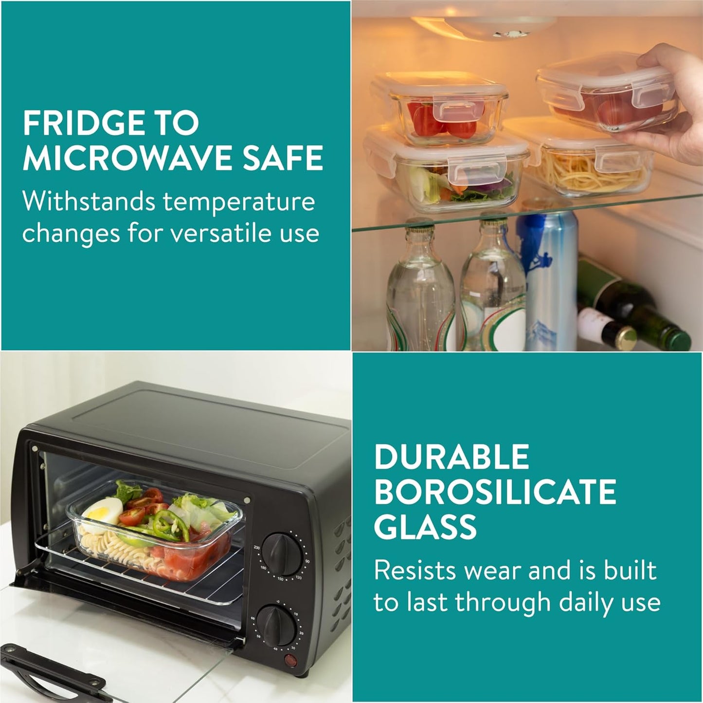 Navaris Glass Food Storage Containers with Lids - Set of 8, Airtight & Lockable - Reusable Meal Prep Containers for Lunch, Leftovers & Picnic - Microwave, Dishwasher & Oven Ready