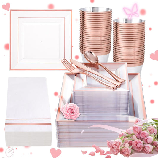 Festiva 350Pcs Rose Gold Plastic Plates - Clear Rose Gold Disposable Dinnerware Sets for 50Guests include 100 Plates 50 Cups 50Plastic Cutlery 50Napkins for Christmas Party&Wedding&Mother's Day