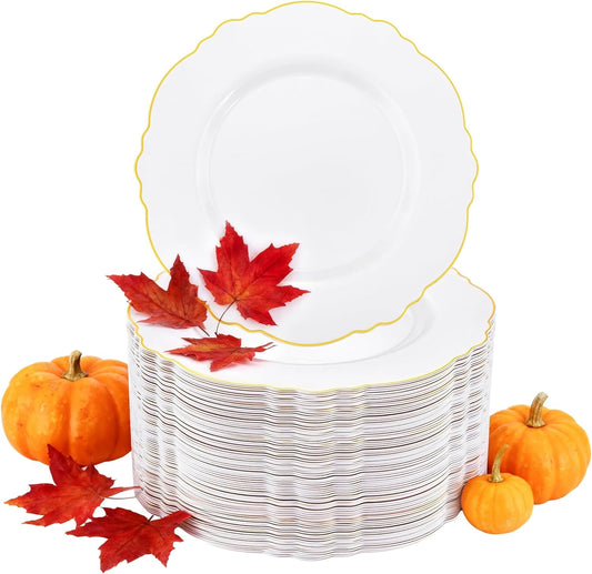 WDF 60pcs Gold Plastic Dinner Plates -10.25inch Baroque White and Gold Plates Fancy Heavy Duty Fall Plastic Plates for Upscale Thanksgiving Parties & Wedding & Birthday