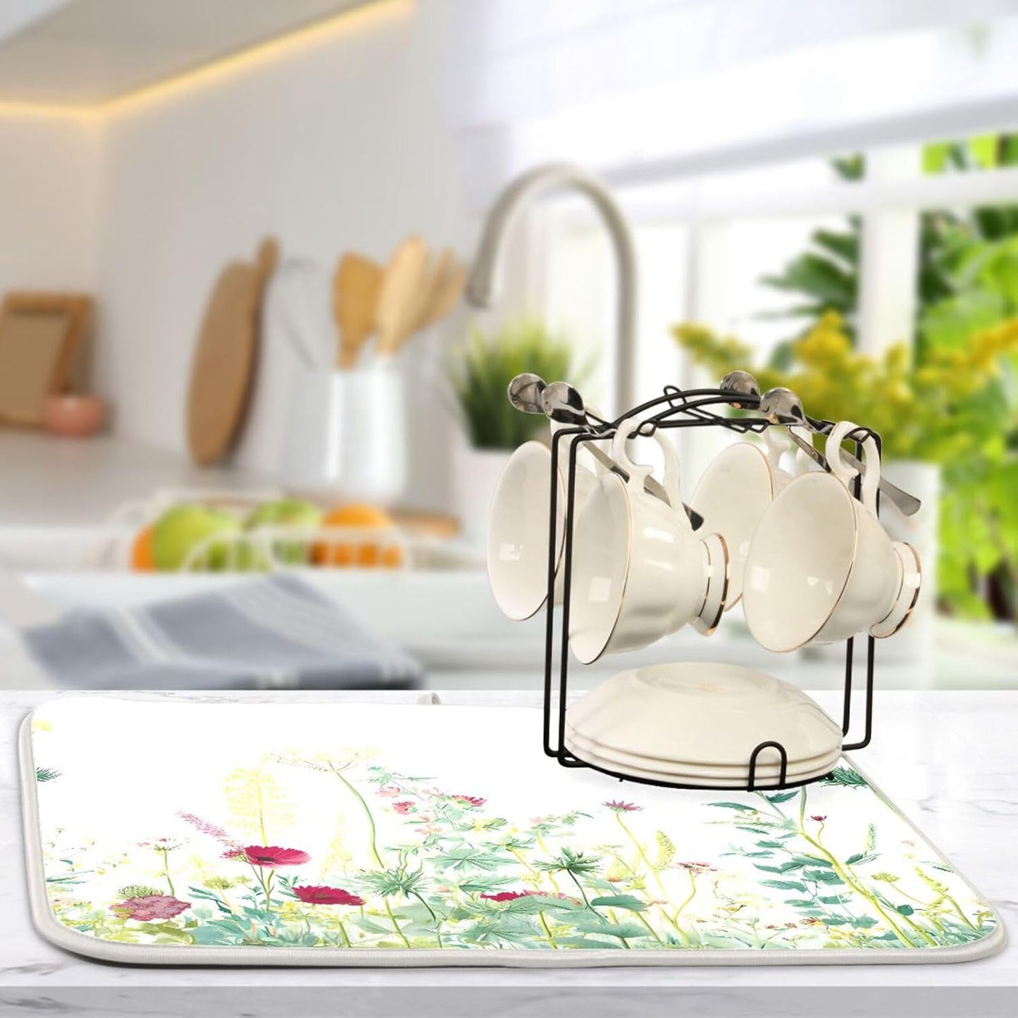 Spring Summer Herbs Flowers Plants Dish Drying Mat for Kitchen Counter Absorbent Dish Drainer Mats Drying Pads 16"x18"