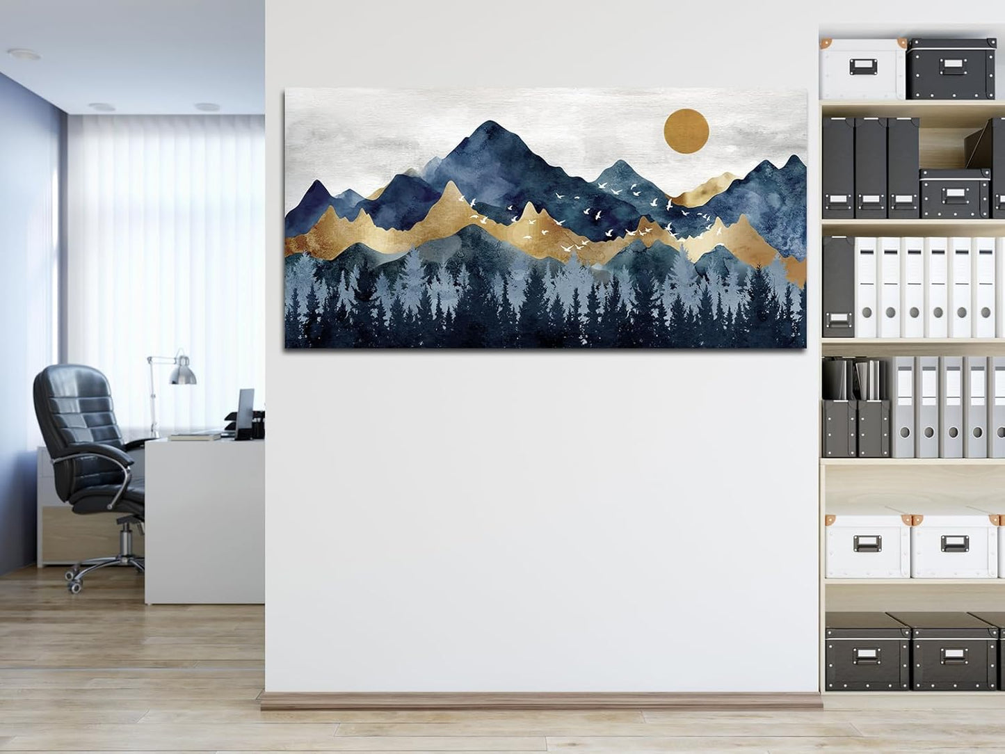 Abstract Nordic Canvas Wall Art - Indigo Blue and Brown Mountain Forest Picture Wall Decor Sun Birds Canvas Painting Nature Landscape Prints Artwork for Living Room Bedroom Decoration 29" x 58"