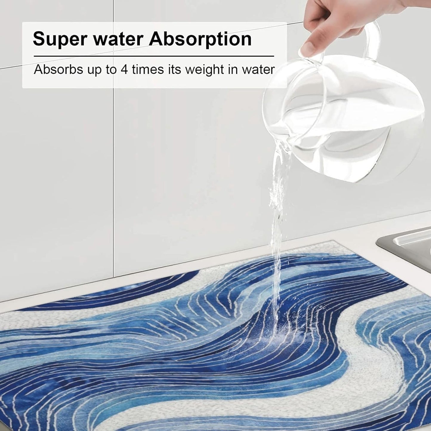 Blue White Wave Abstract Art Dish Drying Mat for Kitchen Counter & Sink, Absorbent Microfiber Ocean Drying Pad for Dishes, Foldable Nautical Modern Kitchen Mat for Dining Area & Home Decor, 18" x 24"