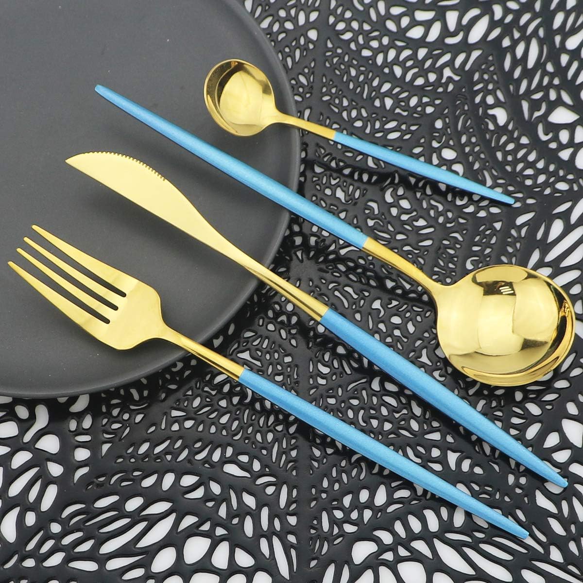 Shiny Silverware Sets, 24-Piece Elegant Cute Blue Handle Gold Cutlery set,304 Stainless Steel Silverware Set for Eating Home Kitchen Hotel Restaurant, Sets for 6 People, Dishwasher Safe