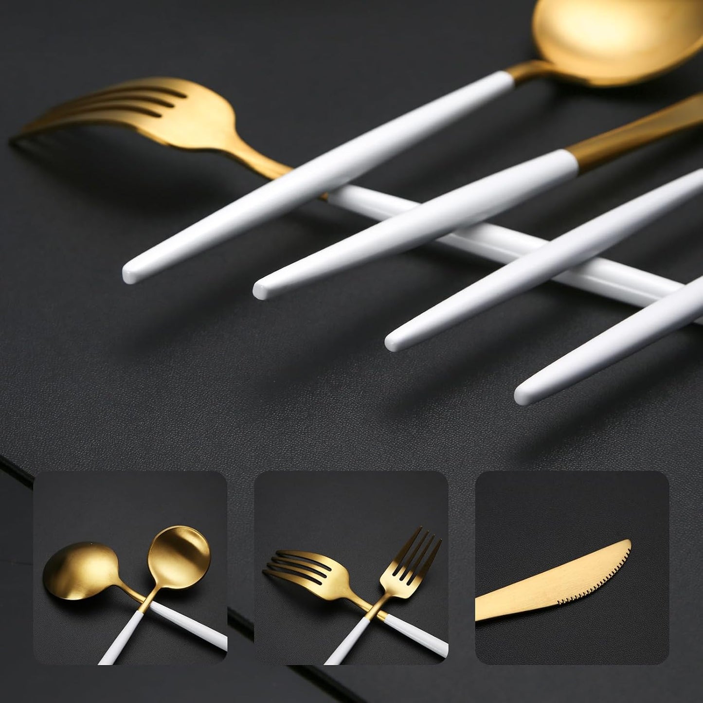 40 Pieces Matte White&Gold Silverware Set, Stainless Steel White&Gold Flatware Set for 8, Satin Finish Spoons and Forks Silverware Set, White&Gold Cutlery Utensils Set, Dishwasher Safe