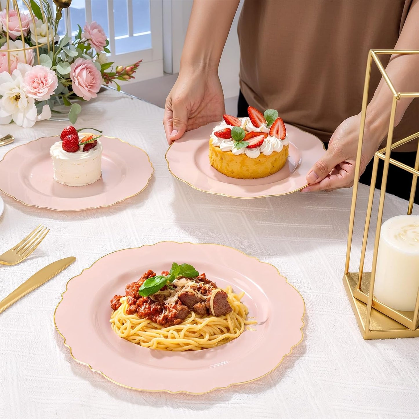 WDF 100pcs Pink Plastic Plates - High-end Baroque Design - Pink and Gold Plates for Upscale Party & Baby Shower - Including 50 Disposable Plate 10.25inch, 50Salad Plate 7.5inch