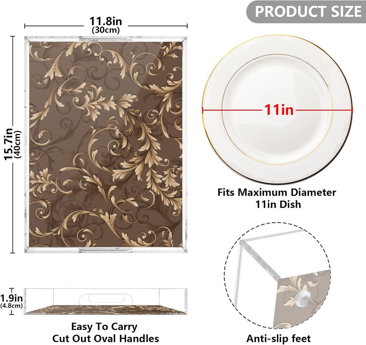 Acrylic Serving Tray with Handles Spill Proof Kitchen Storage Tray Clear Decorative Tray Makeup Drawer Organizer Storage Tray for Bathroom Living Room Ottoman 15.7x11.8Inches